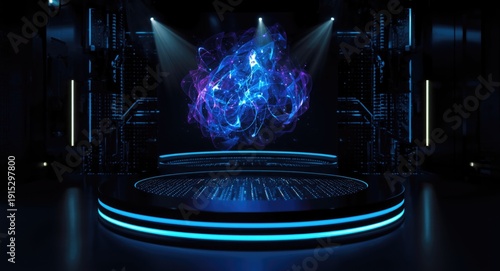 Wallpaper Mural Cyberpunk style black backdrop showcasing a generative hologram and futuristic display stage Torontodigital.ca