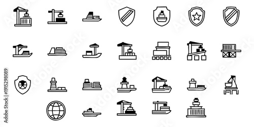 Collection of industrial icons representing various sectors and machinery in a simple line art style