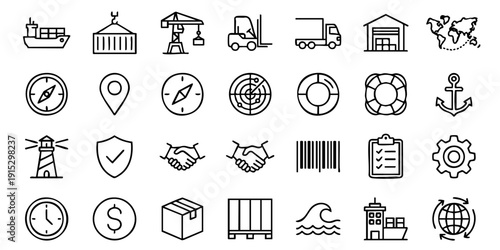 Collection of Logistics and Shipping Icons Representing Global Trade and Commerce in a Simple Line Art Style