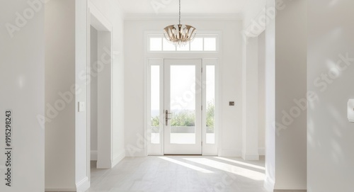 Open front hall space with transom window door and coastal pendant light creating breeze feel