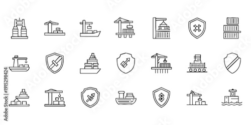 Collection of industrial icons representing various aspects of industry and commerce in a simple line art style