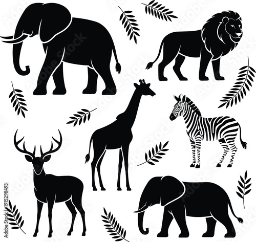 Black vector silhouette set of wild safari animals including elephants lion giraffe zebra and deer with blue line art details and decorative tropical leaves