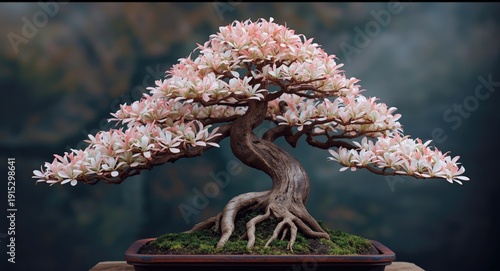 Miniature ornamental bonsai exhibiting a curving trunk and root prominence with white foliage tipped in pink hues