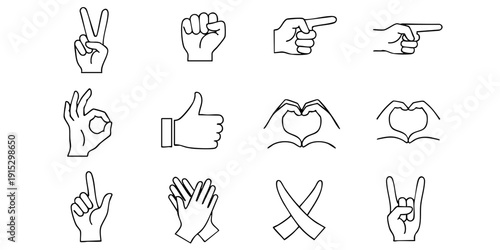 Collection of various hand gestures and symbols illustrated in a minimalist line art style on a clean white background from a straightforward viewpoint