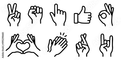 Collection of hand gestures and signs depicted in simple line art illustrations