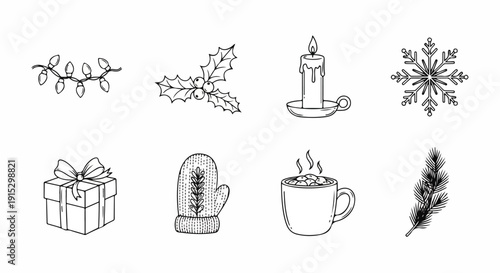 Winter and holiday-themed illustrations featuring various festive elements Vector