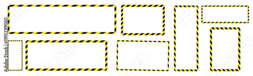 Black yellow caution stripes square frames collection. hazard warning tape design, attention and safety. vector illustration.