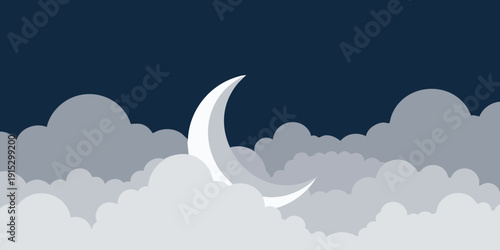 Crescent moon shining brightly among white clouds in a dark blue night sky, serene and peaceful atmosphere