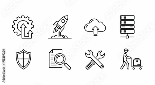 A collection of icons representing various aspects of technology and business. Vector