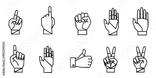 Collection of hand gestures and signs illustrated in various styles and viewpoints