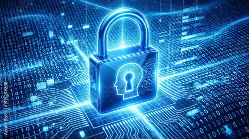 A glowing blue padlock with a human head and keyhole on a circuit board background with binary code