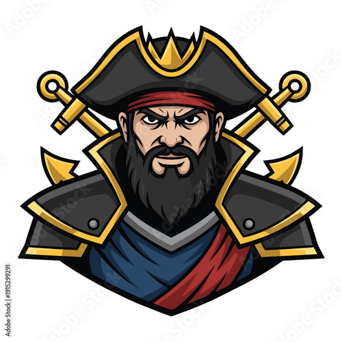 Fierce Pirate Captain with Crossed Anchors Emblem Vector Illustration