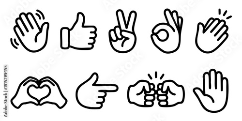 Various hand gestures and signs illustrated in a simple line art style on a clean background from a straightforward viewpoint