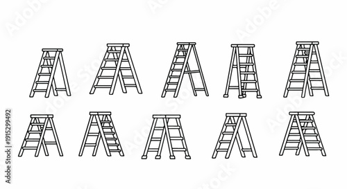 A variety of ladders with different designs and configurations displayed in a row Vector