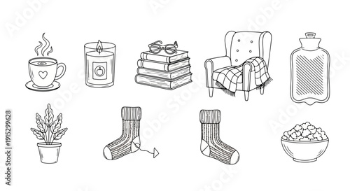 A collection of various household items and objects in a simple line drawing style Vector