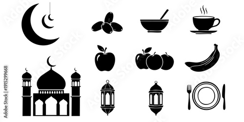 Collection of icons representing Ramadan and Islamic traditions with mosque, food, and cultural symbols