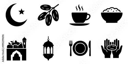 Collection of icons representing Islamic culture and traditions including crescent moon, dates, and traditional meal settings
