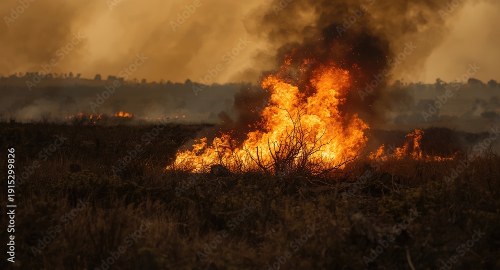 Fototapeta premium Wildfire emergency with heavy smoke and blazing orange flames in grassy wilderness