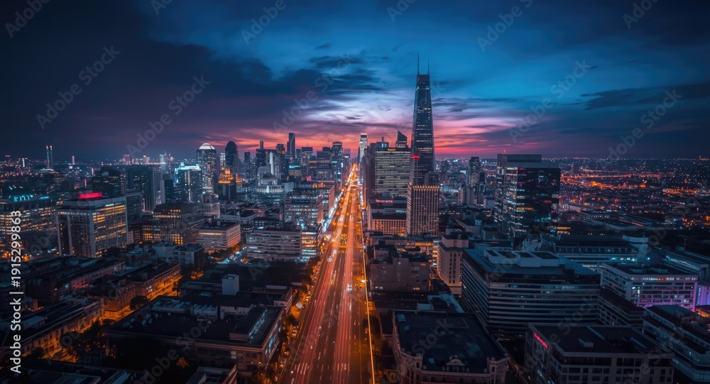 Obraz premium Radiant cityscape illuminated by vibrant night lights during twilight