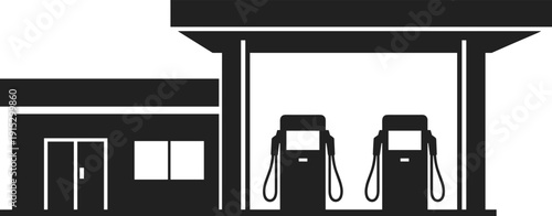 Gas station silhouette icon illustration, fuel pump service building, petroleum refueling concept, transportation energy, roadside station, black vector, minimal design