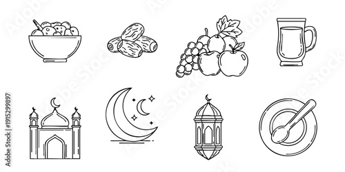 Simple line drawings of food and cultural symbols arranged in a grid on a plain background