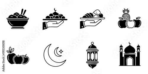 Collection of traditional food and cultural symbols in a minimalist illustration set