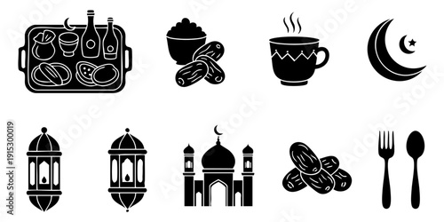 Ramadan icons collection featuring mosque, lantern, and traditional food items in a simple black and white illustration style