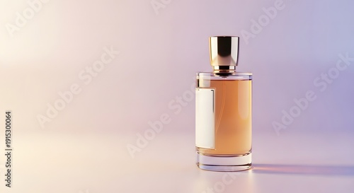 Elegant perfume bottle with golden cap sitting on minimalist light violet pastel background