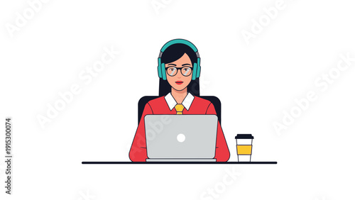 Woman Working on Laptop with Headphones.