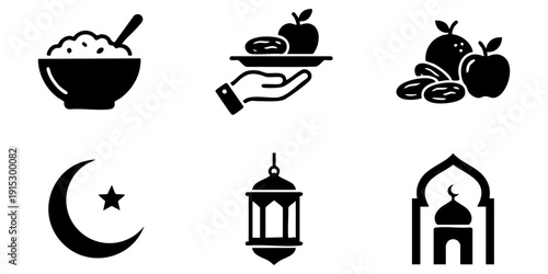 Illustration of Ramadan icons featuring food, dates, fruits, crescent moon, lantern, and mosque architecture in a minimalist style.
