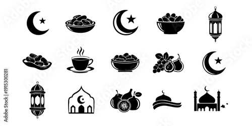 Collection of Islamic Symbols and Icons Representing Ramadan and Cultural Heritage