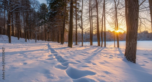 Serene winter forest covered in white snow during sunset in a peaceful park