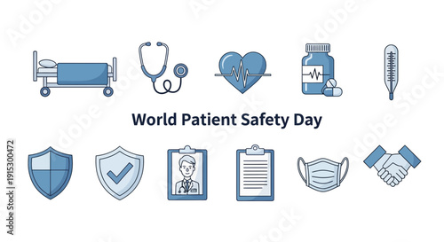 Blue and white icons related to healthcare and safety arranged above and below text