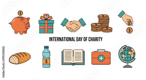 Charity icons with text International Day of Charity centered