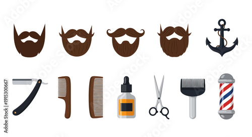 Flat icon set of beard styles and barber tools on white