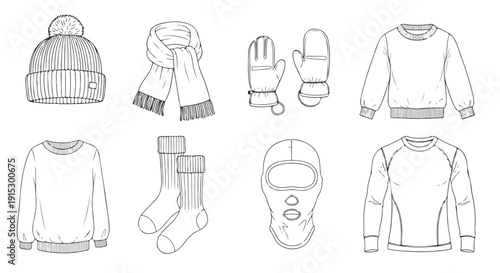 A collection of winter clothing items including sweaters, scarves, and gloves Vector