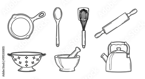 An assortment of kitchen utensils and tools for cooking and baking Vector