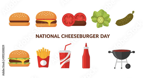 Flatstyle icons for National Cheeseburger Day featuring burgers fries and a grill