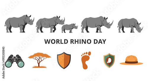 Graphic design for World Rhino Day featuring five rhinos and conservation icons