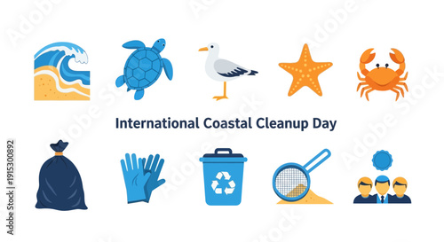 Graphic icons for International Coastal Cleanup Day featuring marine life and cleanup tools