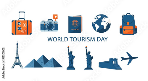 Graphic illustrating travel items and world landmarks for World Tourism Day