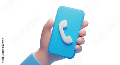 Cartoon hand holds a smartphone with a blue screen displaying a large white telephone icon. The image conveys a clean, modern, and digital tone.