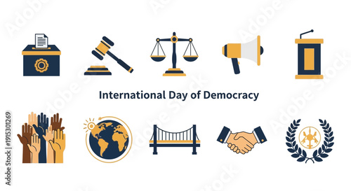 Icons representing democracy ballot box gavel scales megaphone podium hands globe bridge handshake laurel wreath