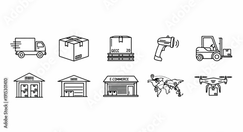 Illustrations of various logistics and warehouse management tools and equipment Vector