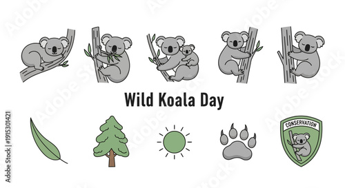 Illustrations for Wild Koala Day featuring koalas eucalyptus leaf tree sun paw print and conservation shield