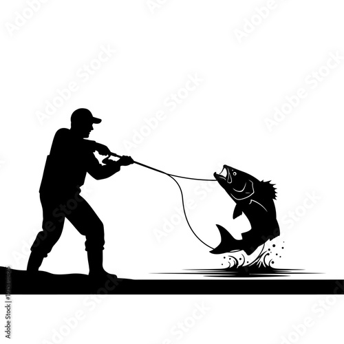 Silhouette of a fisherman catching a large fish in the water.