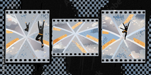Silhouette of a dancer displayed on three filmstrip like panels