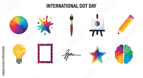 International Dot Day graphic with ten colorful art and creativity icons