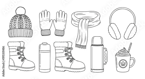 A collection of winter accessories including headphones, a scarf, a mug, and boots. Vector