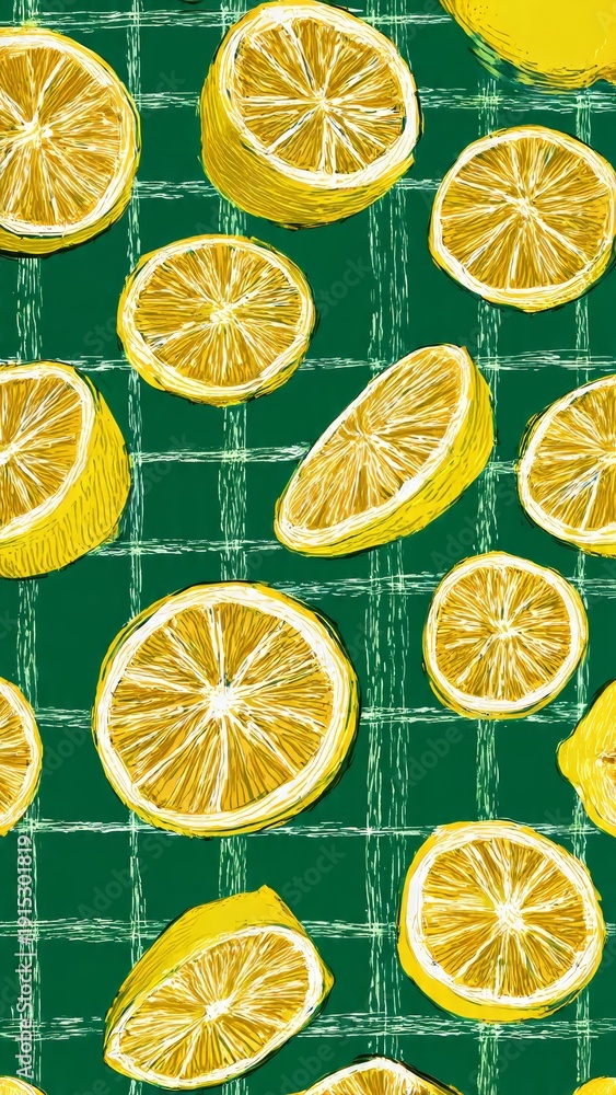 Fototapeta premium Vibrant Citrus Pattern: Fresh Yellow Lemons Sliced and Whole on a Green Plaid Background, Hand-Drawn Illustration